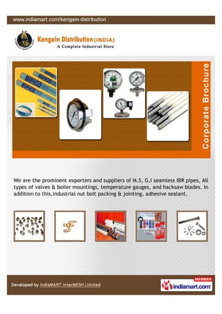 We are the prominent exporters and suppliers of M.S, G.I seamless IBR pipes, All
types of valves & boiler mountings, temperature gauges, and hacksaw blades. In
addition to this,industrial nut bolt packing & jointing, adhesive sealant.
 