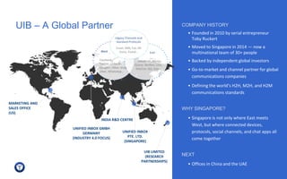 WWW.UNIFIEDINBOX.COM
+++ STRICTLY PRIVATE & CONFIDENTIAL +++
UIB – A Global Partner
UNIFIED INBOX
PTE. LTD.
(SINGAPORE)
INDIA R&D CENTRE
MARKETING AND
SALES OFFICE
(US)
West
Facebook,
Twitter, LinkedIn,
Google+, Viber, Snap
Viber, WhatsApp…
East
Kakaotalk, Weibo,
Qzone, RenRen, Line,
WeChat, QQ, Zalo…
Legacy Channels and
Standard Protocols
Email, SMS, Fax, IM
Voice, Postal…
COMPANY HISTORY
• Founded in 2010 by serial entrepreneur
Toby Ruckert
• Moved to Singapore in 2014 — now a
multinational team of 30+ people
• Backed by independent global investors
• Go-to-market and channel partner for global
communications companies
• Defining the world’s H2H, M2H, and H2M
communications standards
WHY SINGAPORE?
• Singapore is not only where East meets
West, but where connected devices,
protocols, social channels, and chat apps all
come together
NEXT
• Offices in China and the UAE
UNIFIED INBOX GMBH
GERMANY
(INDUSTRY 4.0 FOCUS)
UIB LIMITED
(RESEARCH
PARTNERSHIPS)
 