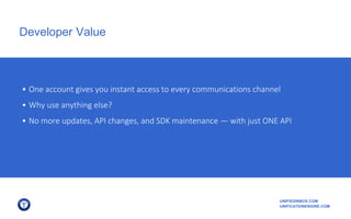 UNIFIEDINBOX.COM
UNIFICATIONENGINE.COM
Developer Value
• One account gives you instant access to every communications channel
• Why use anything else?
• No more updates, API changes, and SDK maintenance — with just ONE API
 