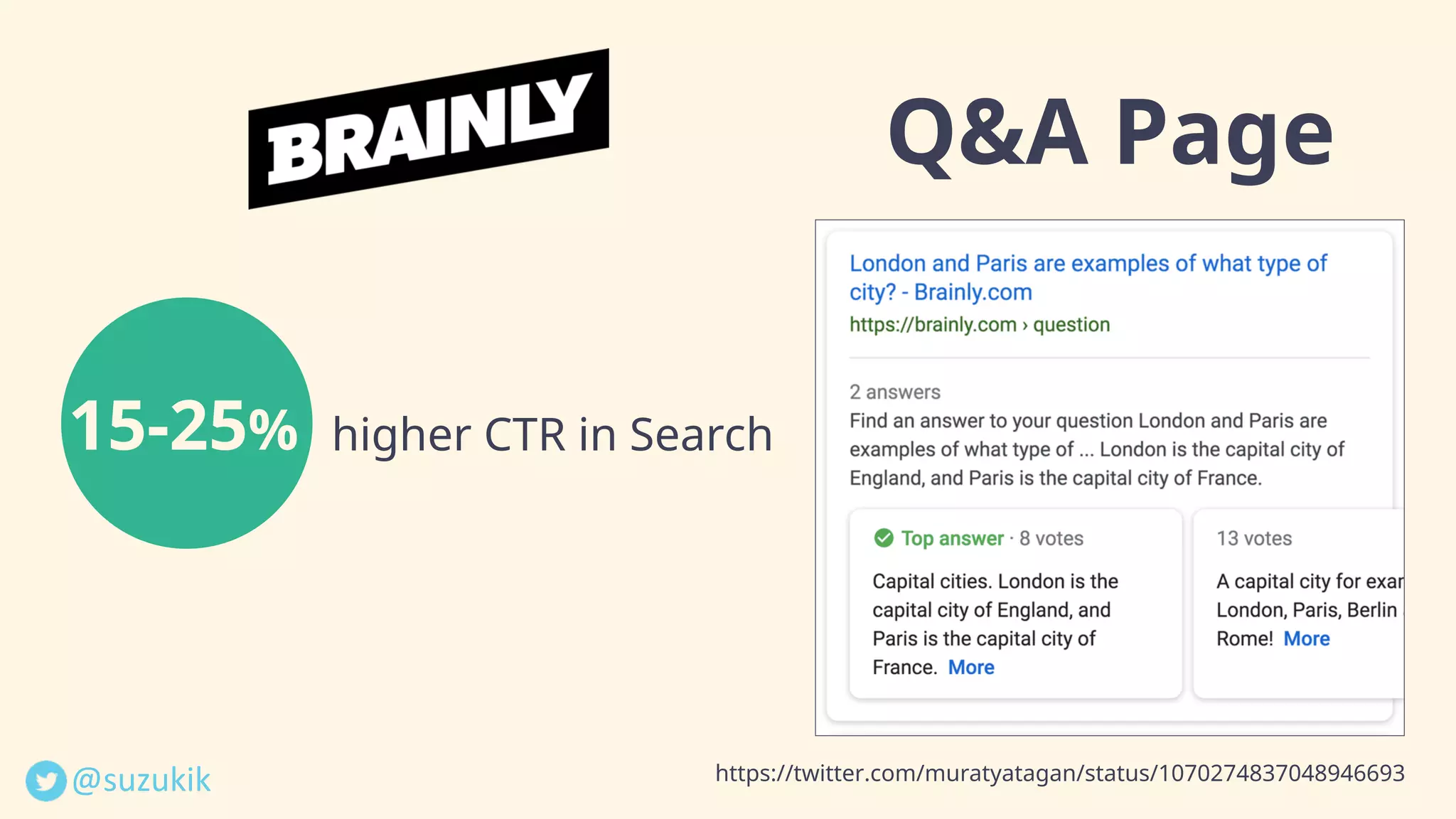 @suzukik	
Q&A Page
15-25% higher CTR in Search
https://twitter.com/muratyatagan/status/1070274837048946693
 