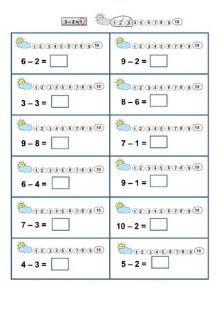 6 – 2 = 9 – 2 =
3 – 3 =
9 – 8 =
6 – 4 =
7 – 3 =
8 – 6 =
7 – 1 =
9 – 1 =
10 – 2 =
4 – 3 = 5 – 2 =
3 – 2 = 1
 