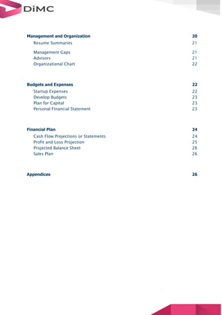 Management and Organization 20
Resume Summaries 21
Management Gaps 21
Advisors 21
Organizational Chart 22
Budgets and Expenses 22
Startup Expenses 22
Develop Budgets 23
Plan for Capital 23
Personal Financial Statement 23
Financial Plan 24
Cash Flow Projections or Statements 24
Profit and Loss Projection 25
Projected Balance Sheet 26
Sales Plan 26
Appendices 26
 