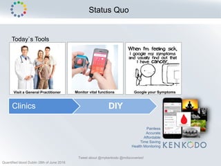 Status Quo
Visit a General Practitioner
Clinics DIY
Today`s Tools
Google your SymptomsMonitor vital functions
Painless
Accurate
Affordable
Time Saving
Health Monitoring
Tweet about @mykenkodo @mdiscoveries!
Quantified blood Dublin 28th of June 2018
 