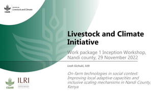Livestock and Climate
Initiative
Work package 1 Inception Workshop,
Nandi county, 29 November 2022
Leah Gichuki, ILRI
On-farm technologies in social context:
Improving local adaptive capacities and
inclusive scaling mechanisms in Nandi County,
Kenya
 