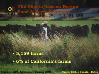The Shasta/Lassen Region
           Food & Farm Economy




        • 5,159 farms
        • 6% of California’s farms

Source: USDA Agriculture Census 2007   Photo: Edible Shasta—Butte
 