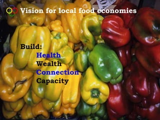 Vision for local food economies




Build:
    Health
    Wealth
    Connection
    Capacity
 