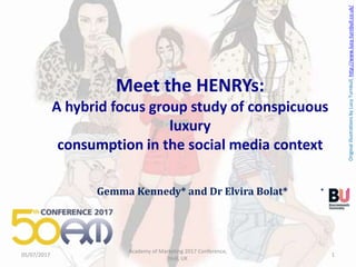 Gemma Kennedy* and Dr Elvira Bolat*
05/07/2017 1
Meet the HENRYs:
A hybrid focus group study of conspicuous
luxury
consumption in the social media context
Academy of Marketing 2017 Conference,
Hull, UK
*
OriginalillustrationsbyLucyTurnbull,http://www.lucy-turnbull.co.uk/
 