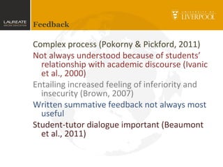 Feedback
Complex process (Pokorny & Pickford, 2011)
Not always understood because of students’
relationship with academic discourse (Ivanic
et al., 2000)
Entailing increased feeling of inferiority and
insecurity (Brown, 2007)
Written summative feedback not always most
useful
Student-tutor dialogue important (Beaumont
et al., 2011)
 