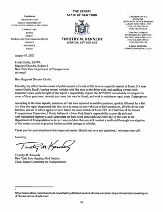Senator Tim Kennedy letter to NYSDOT on flat tires