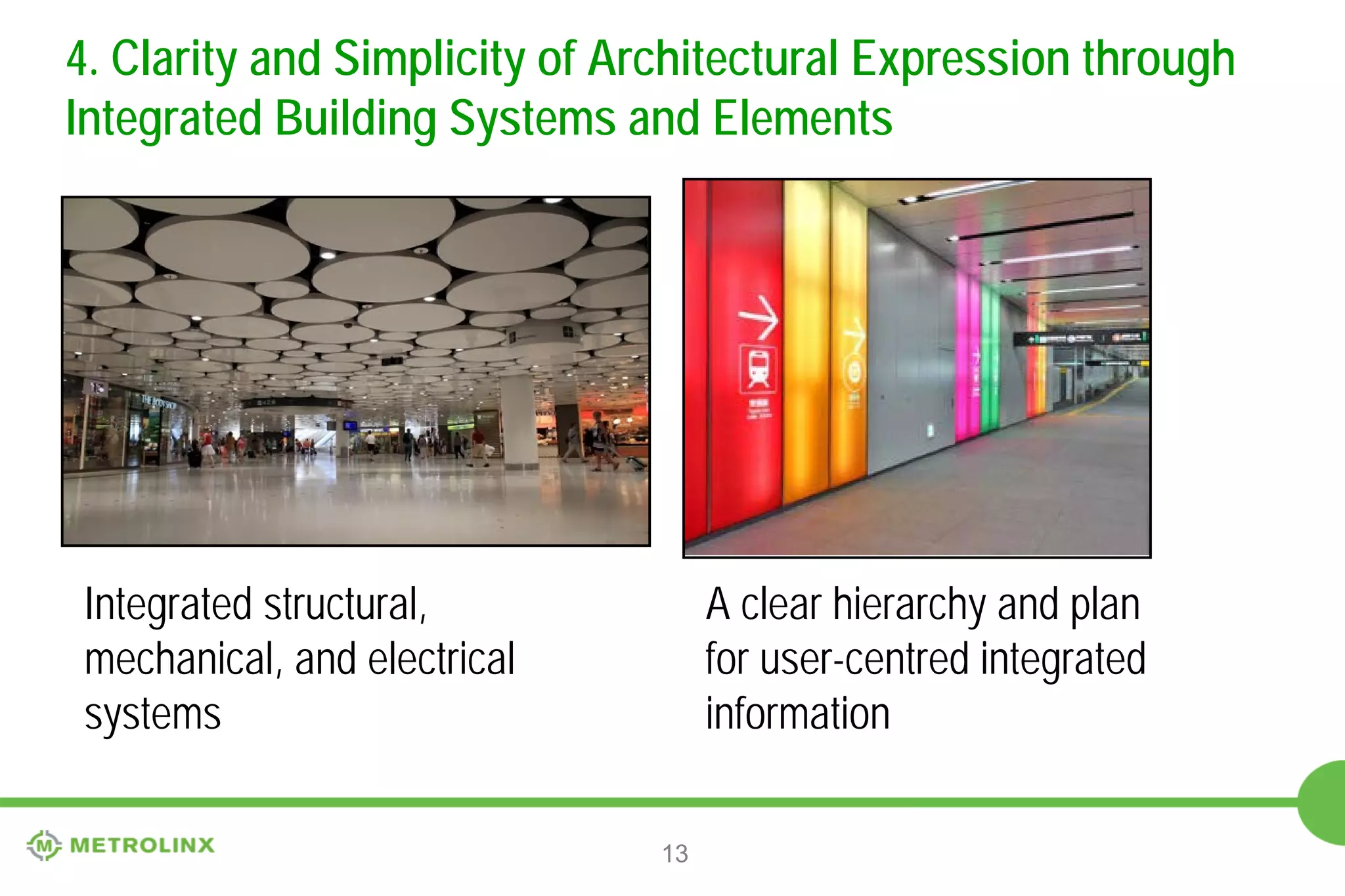 4. Clarity and Simplicity of Architectural Expression through
Integrated Building Systems and Elements

Integrated structural,
mechanical, and electrical
systems

A clear hierarchy and plan
for user-centred integrated
information
13

 