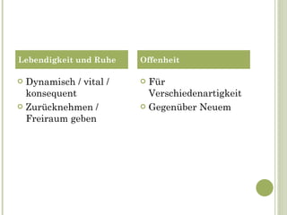Dynamisch / vital / konsequent Zurücknehmen / Freiraum geben Für Verschiedenartigkeit Gegenüber Neuem Lebendigkeit und Ruhe Offenheit 