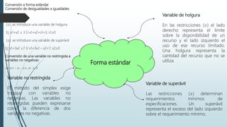 Forma estándar
Variable de holgura
En las restricciones (≤) el lado
derecho representa el límite
sobre la disponibilidad de un
recurso y el lado izquierdo el
uso de ese recurso limitado.
Una holgura representa la
cantidad del recurso que no se
utiliza.
Variable de superávit
Las restricciones (≥) determinan
requerimientos mínimos de
especificaciones. Un superávit
representa el exceso del lado izquierdo
sobre el requerimiento mínimo.
Variable no restringida
El método del símplex exige
trabajar con variables no
negativas. Las variables no
restringidas pueden expresarse
como la diferencia de dos
variables no negativas.
Conversión a forma estándar
Conversión de desigualdades a igualdades
(≤): se introduce una variable de holgura
Ej: x1+x2 ≤ 3 Ù x1+x2+s1=3, s1≥0
(≥): se introduce una variable de superávit
Ej: x1+3x2 ≥7 Ù x1+3x2 – s2=7, s2≥0
Conversión de una variable no restringida a
variables no negativas:
x= x+ - x- , x+, x- ≥ 0
 