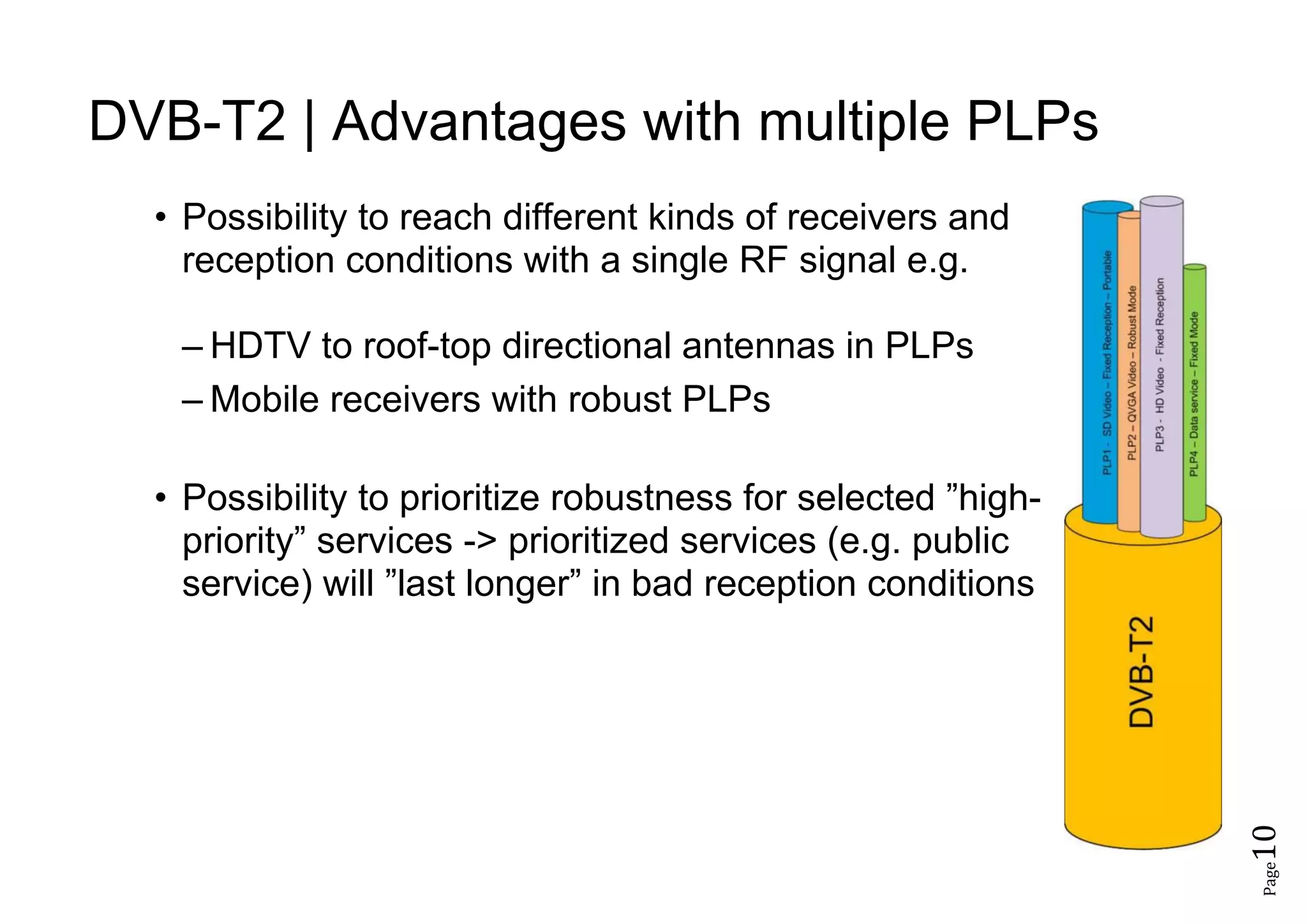 Page10
DVB-T2 | Advantages with multiple PLPs
• Possibility to reach different kinds of receivers and
reception conditions with a single RF signal e.g.
– HDTV to roof-top directional antennas in PLPs
– Mobile receivers with robust PLPs
• Possibility to prioritize robustness for selected ”high-
priority” services -> prioritized services (e.g. public
service) will ”last longer” in bad reception conditions
 