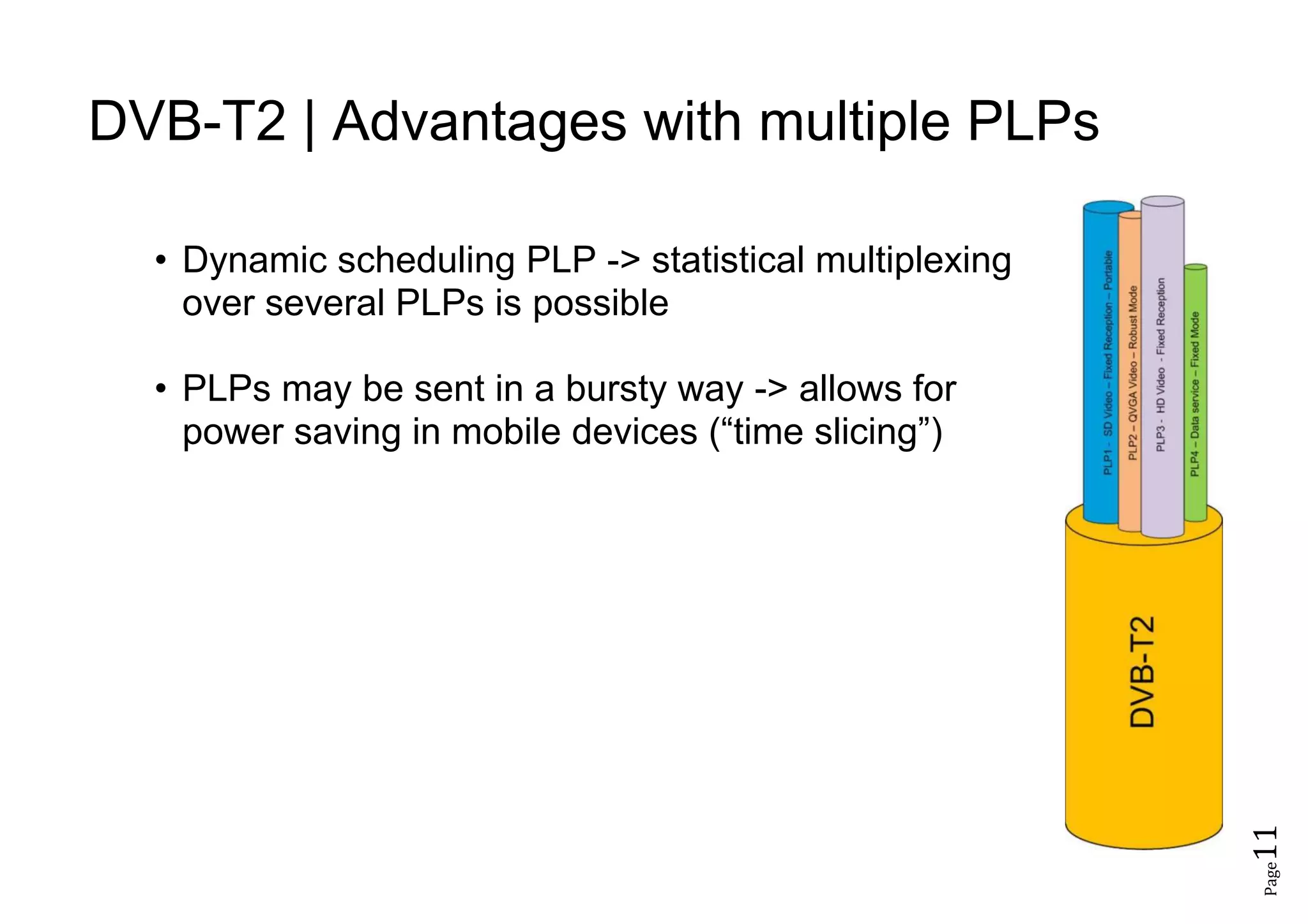 Page11
DVB-T2 | Advantages with multiple PLPs
• Dynamic scheduling PLP -> statistical multiplexing
over several PLPs is possible
• PLPs may be sent in a bursty way -> allows for
power saving in mobile devices (“time slicing”)
 