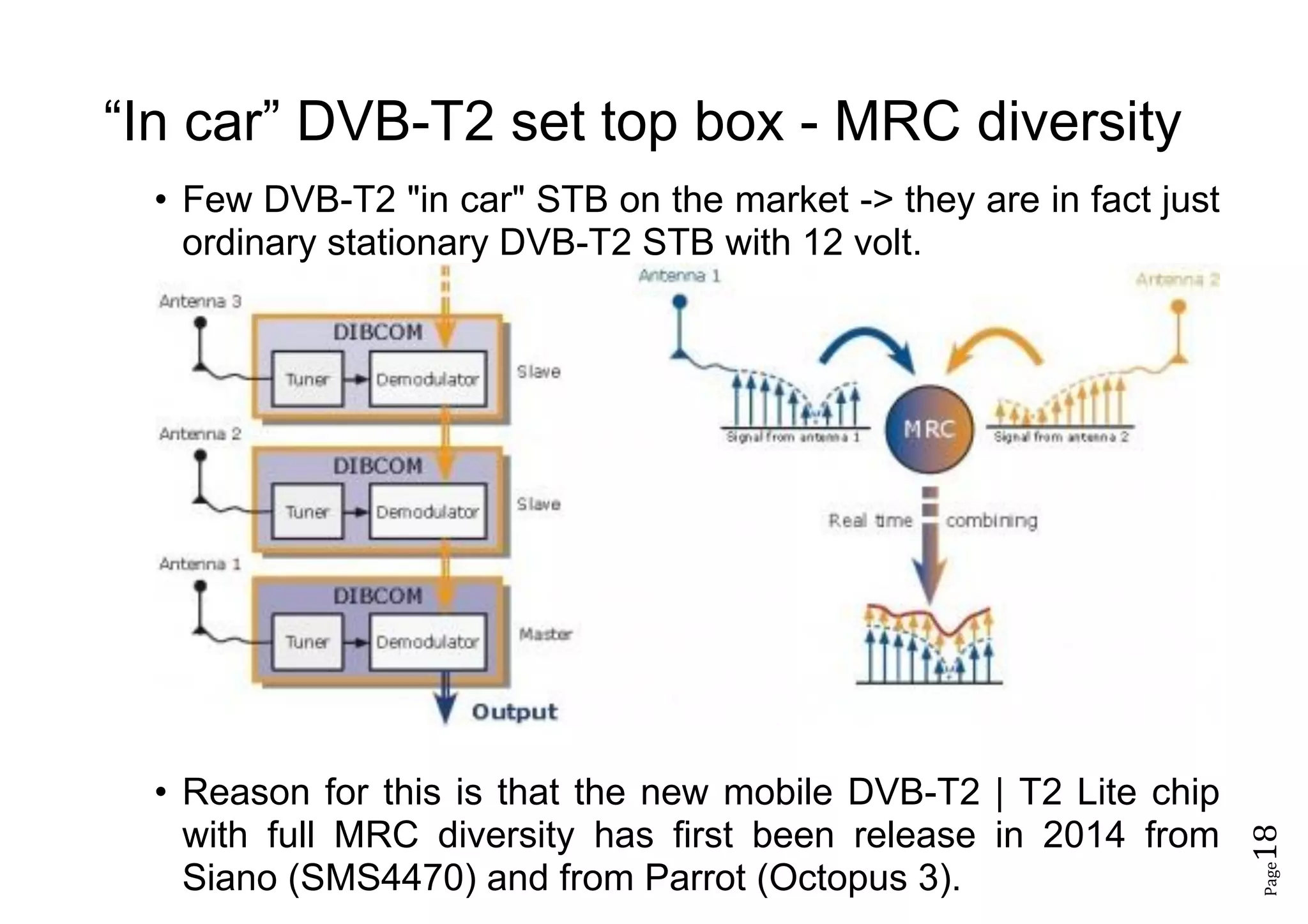 Page18
“In car” DVB-T2 set top box - MRC diversity
• Few DVB-T2 "in car" STB on the market -> they are in fact just
ordinary stationary DVB-T2 STB with 12 volt.
• Reason for this is that the new mobile DVB-T2 | T2 Lite chip
with full MRC diversity has first been release in 2014 from
Siano (SMS4470) and from Parrot (Octopus 3).
 
