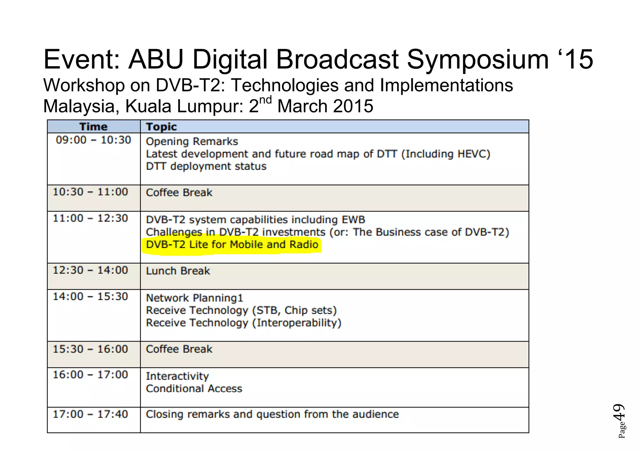 Page49
Event: ABU Digital Broadcast Symposium ‘15
Workshop on DVB-T2: Technologies and Implementations
Malaysia, Kuala Lumpur: 2nd
March 2015
 