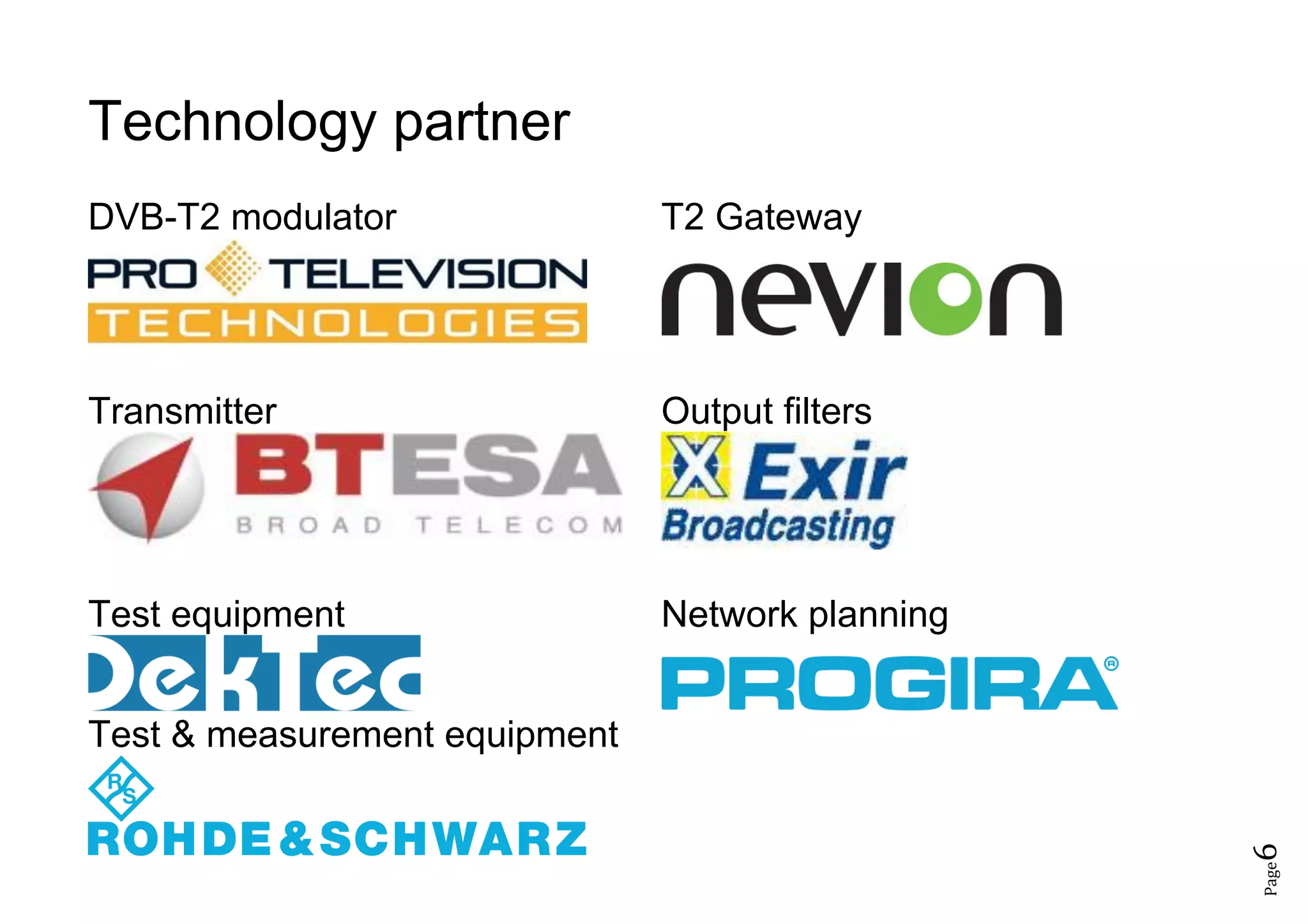 Page6
Technology partner
DVB-T2 modulator T2 Gateway
Transmitter Output filters
Test equipment Network planning
Test & measurement equipment
 
