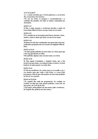 LUCAS 24.46,47
46... e assim convinha que o Cristo padecesse e, ao terceiro
dia, ressuscitasse dos mortos;
47£, em seu nome, se pregasse o arrependimento e a
remissão dos pecados, em todas as nações, começando por
Jerusalém.

JOÃO 1.12
12 Mas a todos quantos o receberam deu-lhes o poder de
serem feitos filhos de Deus: aos que crêem no seu nome.
JOÃO 2.23
23 E, estando ele em Jerusalém pela Páscoa, durante a festa,
muitos, vendo os sinais que fazia, creram no seu nome.
JOÃO 3.18
18 Quem crê nele não é condenado; mas quem não crê já está
condenado, porquanto não crê no nome do unigênito Filho de
Deus.
JOÃO 14.13,14
13E tudo quanto pedirdes em meu nome, eu o farei, para que
o Pai seja glorificado no Filho.
14Se pedirdes alguma coisa em meu nome, eu o farei.
JOÃO 14.26
26 Mas aquele Consolador, o Espírito Santo, que o Pai
enviará em meu nome, vos ensinará todas as coisas e vos fará
lembrar de tudo quanto vos tenho dito.
JOÃO 15.16
16 Não me escolhestes vós a mim, mas eu vos escolhi a vós, e
vos nomeei, para que vades e deis fruto, e o vosso fruto
permaneça, a fím de que tudo quanto em meu nome pedirdes
ao Pai ele vos conceda.
JOÃO 16.23,24,26
23E, naquele dia, nada me perguntareis. Na verdade, na
verdade vos digo que tudo quanto pedirdes a meu Pai, em
meu nome, ele vo-lo há de dar.
24Até agora, nada pedistes em meu nome; pedi e recebereis...
26 Naquele dia, pedireis em meu nome...
 