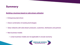 Summary
Building a business based on side-stream utilization
• Entrepreneur(ial) driven
• Clever combination of existing technologies
• Value networks with side-stream producers, customers, distributors and partners
• New business models
• Linear business models are not applicable in circular economy
 