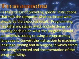 Word ProcessingAllows the user to create, edit, erase, store and print documentsDesktop Publishinginvolves using the computer and mouse, scanner and a printer for mixing text and graphics to produce high quality printed output.