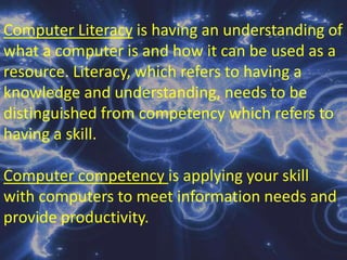 ProgrammingI s the process of providing specific instructions that tells the computer what to do and what should be the expected result.  Programming has different stages which include design or making decision on what the program should accomplish, coding or using a programming language to convert the instruction to machine language, testing and debugging in which errors are being corrected and documentation of the program listing.