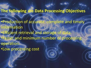 This block diagram illustrates the basic data processing cycle:PROCESSOUTPUTINPUTThe block diagram shows the data processing operation which consist of three basic activities the INPUT, PROCESSING, OUTPUT.