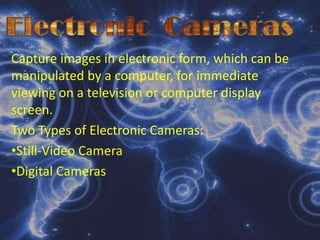 Video-Input DevicesConvert video from analog to digital form. As with sound most film and videotape is in analog form, thus, to be used by a computer, the signals that come from VCR or a camcorder  must be converted to digital form through a special video-card installed in the computer.