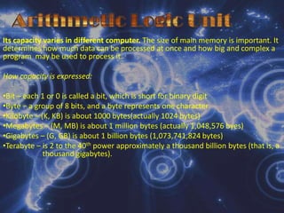 Memory Unitis the primary storage or main memory where the computer and data are stored during processing. The main memory has three tasks: It holds data for processing;It hold the instructions;It holds data that has been processed.