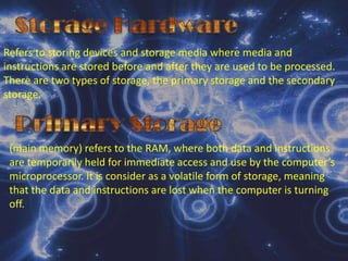 Arithmetic Logic UnitIts capacity varies in different computer. The size of main memory is important. It determines how much data can be processed at once and how big and complex a program  may be used to process it. How capacity is expressed: Bit – each 1 or 0 is called a bit, which is short for binary digit