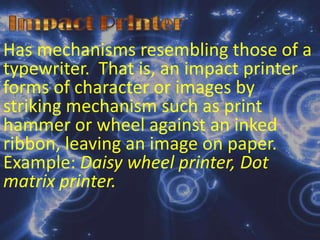 Floppy DisketteIs a small, flexible disk on which data are stored. It is available in three sizes: 3 ½ “ microfloppy, 5 ¼ “ and 8”Hard Diskis not flexible and is made from materials such as aluminum. A hard disk is used to compensate for the limited space on the floppy diskette  