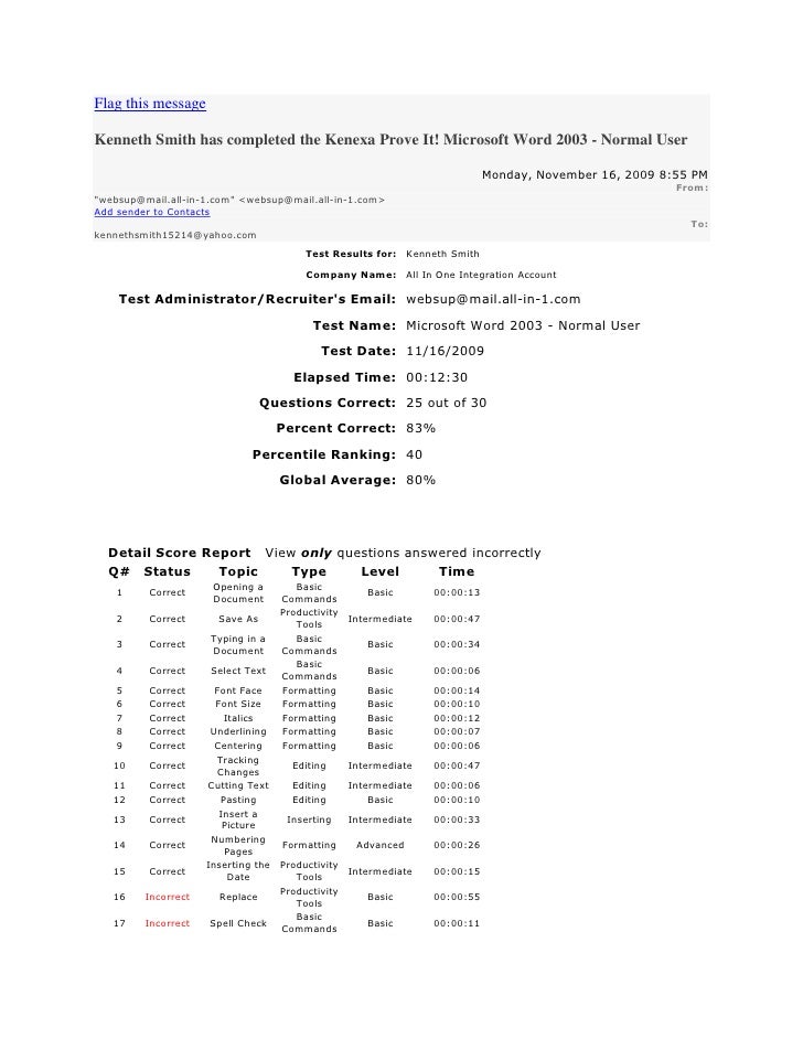kenneth smith has completed the kenexa prove it microsoft word 2003