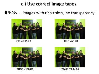 images with flat colors
GIF = 5.61 KB JPEG= 9.47 KB
PNG8= 9.82 KB PNG24= 19 KB
GIFs –
 
