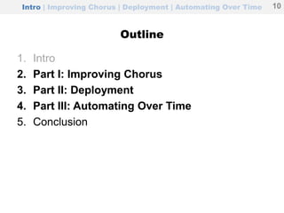 Intro | Improving Chorus | Deployment | Automating Over Time
Outline
1. Intro
2. Part I: Improving Chorus
3. Part II: Deployment
4. Part III: Automating Over Time
5. Conclusion
10
 