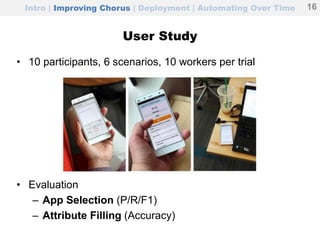 User Study
• 10 participants, 6 scenarios, 10 workers per trial
• Evaluation
– App Selection (P/R/F1)
– Attribute Filling (Accuracy)
Intro | Improving Chorus | Deployment | Automating Over Time 16
 