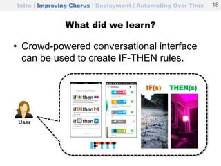 What did we learn?
• Crowd-powered conversational interface
can be used to create IF-THEN rules.
Intro | Improving Chorus | Deployment | Automating Over Time 18
IF(s) THEN(s)
User
 