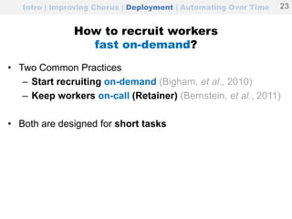 How to recruit workers
fast on-demand?
• Two Common Practices
– Start recruiting on-demand (Bigham, et al., 2010)
– Keep workers on-call (Retainer) (Bernstein, et al., 2011)
• Both are designed for short tasks
Intro | Improving Chorus | Deployment | Automating Over Time 23
 