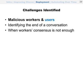Intro | Improving Chorus | Deployment | Automating Over Time
Challenges Identified
• Malicious workers & users
• Identifying the end of a conversation
• When workers’ consensus is not enough
29
 