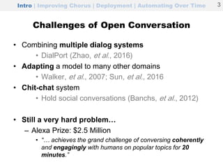 Intro | Improving Chorus | Deployment | Automating Over Time
Challenges of Open Conversation
• Combining multiple dialog systems
• DialPort (Zhao, et al., 2016)
• Adapting a model to many other domains
• Walker, et al., 2007; Sun, et al., 2016
• Chit-chat system
• Hold social conversations (Banchs, et al., 2012)
• Still a very hard problem…
– Alexa Prize: $2.5 Million
• “… achieves the grand challenge of conversing coherently
and engagingly with humans on popular topics for 20
minutes.”
3
 