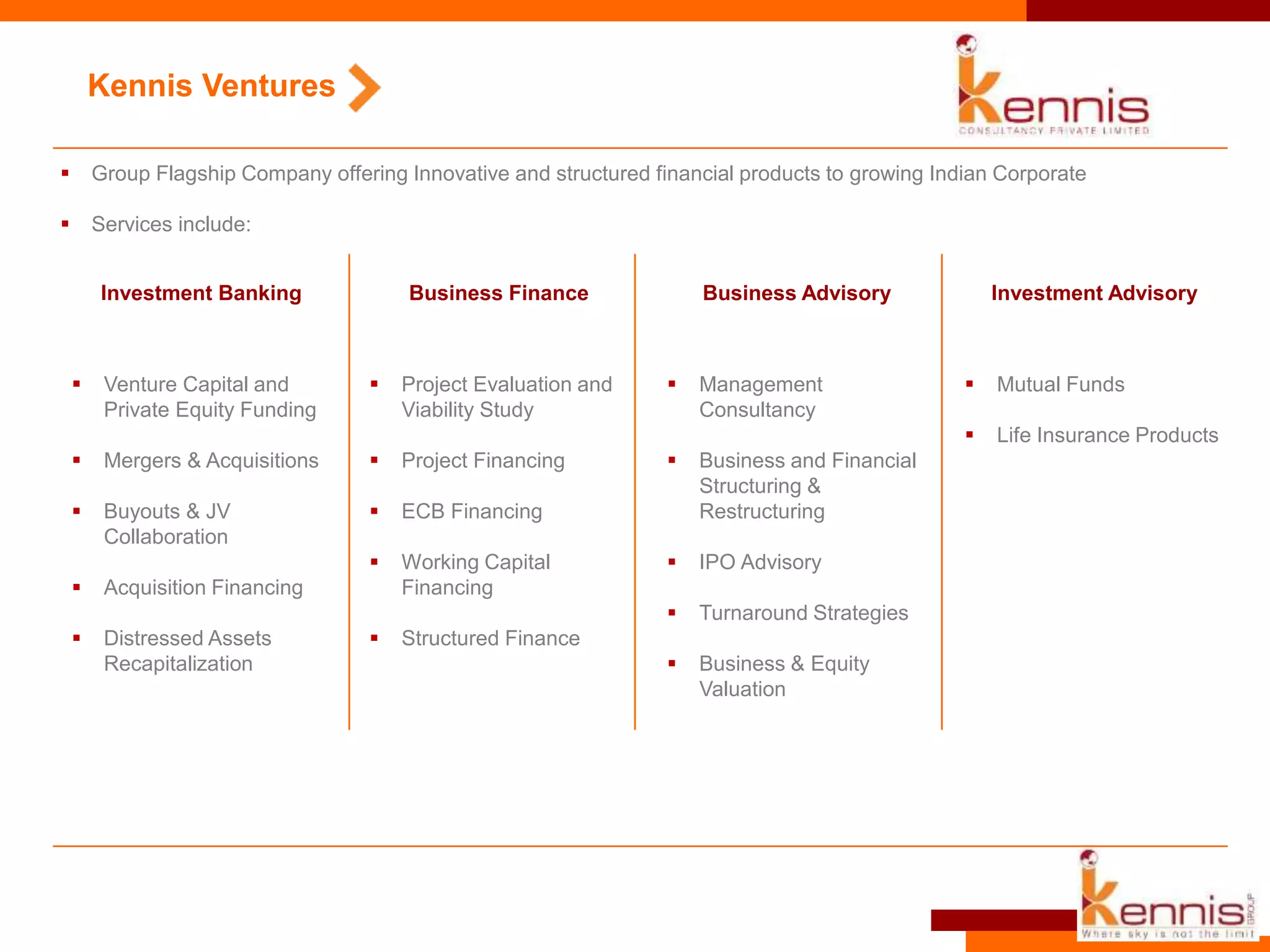 Kennis Ventures
Investment Banking Business Finance Business Advisory Investment Advisory
 Venture Capital and
Private Equity Funding
 Mergers & Acquisitions
 Buyouts & JV
Collaboration
 Acquisition Financing
 Distressed Assets
Recapitalization
 Project Evaluation and
Viability Study
 Project Financing
 ECB Financing
 Working Capital
Financing
 Structured Finance
 Management
Consultancy
 Business and Financial
Structuring &
Restructuring
 IPO Advisory
 Turnaround Strategies
 Business & Equity
Valuation
 Mutual Funds
 Life Insurance Products
 Group Flagship Company offering Innovative and structured financial products to growing Indian Corporate
 Services include:
 