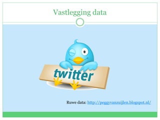 Vastlegging data
Ruwe data: http://peggyvanzuijlen.blogspot.nl/
 