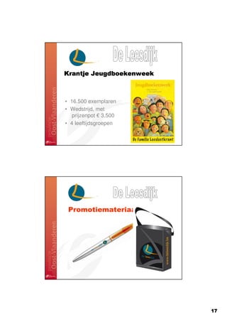 Krantje Jeugdboekenweek



• 16.500 exemplaren
• Wedstrijd, met
   prijzenpot € 3.500
• 4 leeftijdsgroepen




 Promotiemateriaal




                          17
 