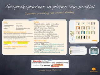 Gesprekspartner in plaats van profiel
        Dynamic p rofiling and expert finding




                 “Mazzled by the Maatschap”
 