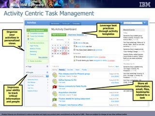 Activity Centric Task Management Store all information, email, files, bookmarks related to a task  Organize your activities in personalized views Improves your ability to track critical information and people Leverage best practices through activity templates Product futures are directional in nature and does not imply any product plan commitment on the part of IBM.  Plans are subject to change at any time without notice. 