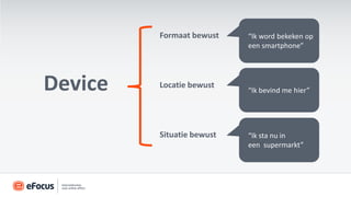 Formaat bewust    “Ik word bekeken op
                           een smartphone”




Device   Locatie bewust
                           “Ik bevind me hier”




         Situatie bewust   “Ik sta nu in
                           een supermarkt”
 