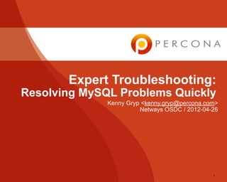 Expert Troubleshooting:
Resolving MySQL Problems Quickly
Kenny Gryp <kenny.gryp@percona.com>
Netways OSDC / 2012-04-26
1
 