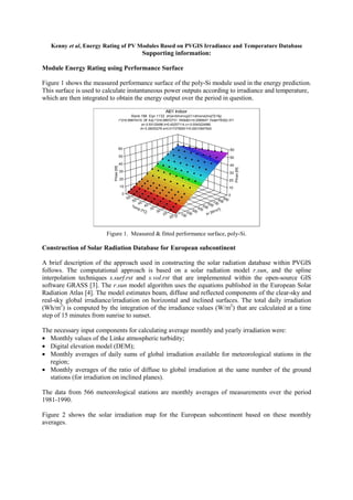 Kenny et al, Energy Rating of PV Modules Based on PVGIS Irradiance and Temperature Database
                                                       Supporting information:

Module Energy Rating using Performance Surface

Figure 1 shows the measured performance surface of the poly-Si module used in the energy prediction.
This surface is used to calculate instantaneous power outputs according to irradiance and temperature,
which are then integrated to obtain the energy output over the period in question.
                                                                      AI01 Indoor
                                                 Rank 196 Eqn 1132 z=(a+blnx+cy)/(1+dlnx+e(lnx)^2+fy)
                                      r^2=0.99974319 DF Adj r^2=0.99972731 FitStdErr=0.2585647 Fstat=76302.371
                                                    a=-0.93125496 b=0.40257114 c=-0.0040224985
                                                   d=-0.26053276 e=0.017375655 f=0.00010847924




                                      60                                                                               60
                                      50                                                                               50
                                      40                                                                               40
                           Pmax [W]




                                                                                                                            Pmax [W]
                                      30                                                                               30
                                      20                                                                               20
                                      10                                                                               10
                                        0                                                                              0
                                            55                                                                     9
                                                                                                                8 00
                                                  50                                                        7 00
                                                     45 0                                               6 00 00
                                                 Tem       4                                        5
                                                     p [º    35                                 4 00 00          ]
                                                          C]    30
                                                                                            3
                                                                                        2 00 00              / m²
                                                                     25          1 00                  Irr [W
                                                                          20 0



                        Figure 1. Measured & fitted performance surface, poly-Si.

Construction of Solar Radiation Database for European subcontinent

A brief description of the approach used in constructing the solar radiation database within PVGIS
follows. The computational approach is based on a solar radiation model r.sun, and the spline
interpolation techniques s.surf.rst and s.vol.rst that are implemented within the open-source GIS
software GRASS [3]. The r.sun model algorithm uses the equations published in the European Solar
Radiation Atlas [4]. The model estimates beam, diffuse and reflected components of the clear-sky and
real-sky global irradiance/irradiation on horizontal and inclined surfaces. The total daily irradiation
(Wh/m2) is computed by the integration of the irradiance values (W/m2) that are calculated at a time
step of 15 minutes from sunrise to sunset.

The necessary input components for calculating average monthly and yearly irradiation were:
• Monthly values of the Linke atmospheric turbidity;
• Digital elevation model (DEM);
• Monthly averages of daily sums of global irradiation available for meteorological stations in the
  region;
• Monthly averages of the ratio of diffuse to global irradiation at the same number of the ground
  stations (for irradiation on inclined planes).

The data from 566 meteorological stations are monthly averages of measurements over the period
1981-1990.

Figure 2 shows the solar irradiation map for the European subcontinent based on these monthly
averages.
 