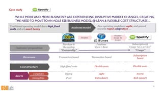 WHILE MORE AND MORE BUSINESSES ARE EXPERIENCING DISRUPTIVE MARKET CHANGES, CREATING
THE NEEDTO MOVE TOAN AGILE E2E BUSINESS MODEL,@ LEAN & FLEXIBLE COST STRUCTURES ...
Traditional operating models have high fixed
costs and are asset heavy
New operating modelsare agile, and geared
towards rapid adaptation ...Business model
Revenues
Cost structure
Assets
Transaction based Transaction based
Subscription
based
High fixed costs Flexible costs Flexible costs
HeavyTangibles
Intangibles Poor
Light
Rich (data!)
Averse
Rich (data!)
Customer proposition
Purchase &
Ownership
Purchase
Own / Rent
Subscription &
Usage “as a service”
“Ownership” “Usage”
Disruption
Disruption
disrupts the
disruptor
4
Case study
 