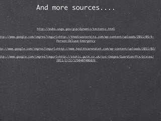 And more sources....


                      http://pubs.usgs.gov/gip/dynamic/tectonic.html

ttp://www.google.com/imgres?imgurl=http://thedisasterkits.com/wp-content/uploads/2011/05/4-
                                  Person-Deluxe-Emergency

tp://www.google.com/imgres?imgurl=http://www.healthcarendiet.com/wp-content/uploads/2011/02/

ttp://www.google.com/imgres?imgurl=http://static.guim.co.uk/sys-images/Guardian/Pix/pixies/
                                  2011/2/22/1298407406826
 
