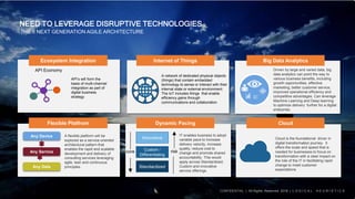 Ecosystem Integration Internet of Things
Dynamic Pacing
API Economy
A flexible platform will be
explored as a service-oriented
architectural pattern that
enables the rapid and scalable
development and delivery of
consulting services leveraging
agile, lean and continuous
principles.
Flexible Platfrom
A network of dedicated physical objects
(things) that contain embedded
technology to sense or interact with their
internal state or external environment.
The IoT includes things that enable
efficiency gains through
communications and collaboration
API’s will form the
basis of multi-channel
integration as part of
digital business
strategy
core
Standardized
Custom /
Differentiating
Innovative
risk
IT enables business to adopt
variable pace to increase
delivery velocity, increase
quality, reduce cost to
change and promote shared
accountability. This would
apply across Standardized,
Custom and innovative
service offerings.
Any Service
Any Device
Any Data
Big Data Analytics
Driven by large and varied data, big
data analytics can point the way to
various business benefits, including
growth opportunities, effective
marketing, better customer service,
improved operational efficiency and
competitive advantages. Can leverage
Machine Learning and Deep learning
to optimize delivery further for a digital
enterprise.
Cloud
Cloud is the foundational driver in
digital transformation journey. it
offers the scale and speed that is
needed for businesses to focus on
transformation with a clear impact on
the role of the IT in facilitating rapid
change to meet customer
expectations.
NEED TO LEVERAGE DISRUPTIVE TECHNOLOGIES
THE 6 NEXT GENERATION AGILE ARCHITECTURE
CONFIDENTIAL | All Rights Reserved 2018 | L O G I C A L H E U R I S T I C S
 