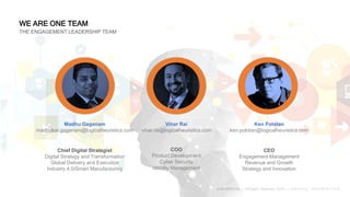 WE ARE ONE TEAM
THE ENGAGEMENT LEADERSHIP TEAM
Madhu Gaganam
madhukar.gaganam@logicalheuristics.com
Chief Digital Strategist
Digital Strategy and Transformation
Global Delivery and Execution
Industry 4.0/Smart Manufacturing
Vihar Rai
vihar.rai@logicalheuristics.com
COO
Product Development
Cyber Security
Identity Management
Ken Polotan
ken.polotan@logicalheuristics.com
CEO
Engagement Management
Revenue and Growth
Strategy and Innovation
CONFIDENTIAL | All Rights Reserved 2018 | L O G I C A L H E U R I S T I C S
 